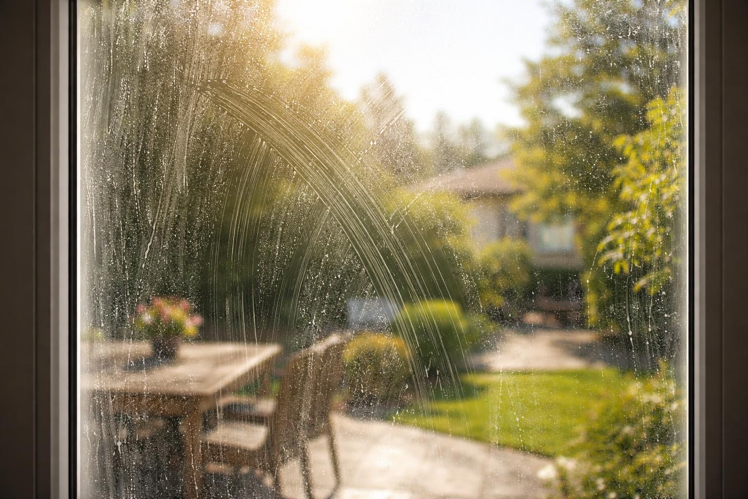 Fenster mit sichtbaren Schlieren im Gegenlicht nach dem Putzen