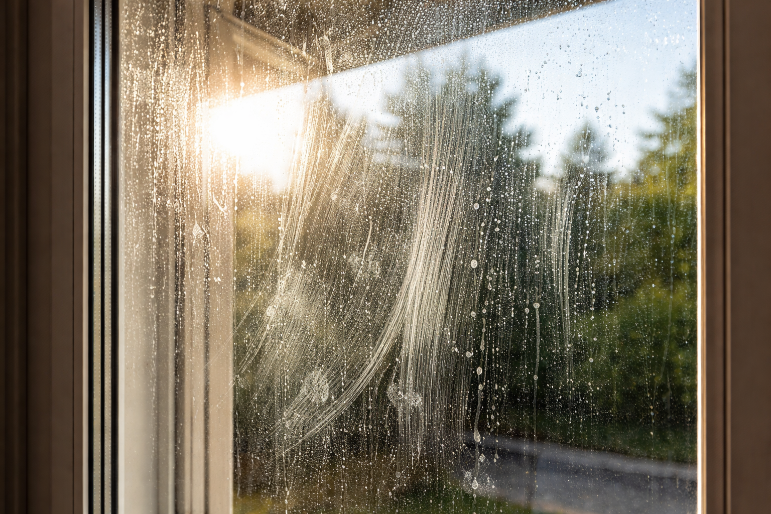 Fenster mit sichtbaren Schlieren und Wasserflecken im Gegenlicht