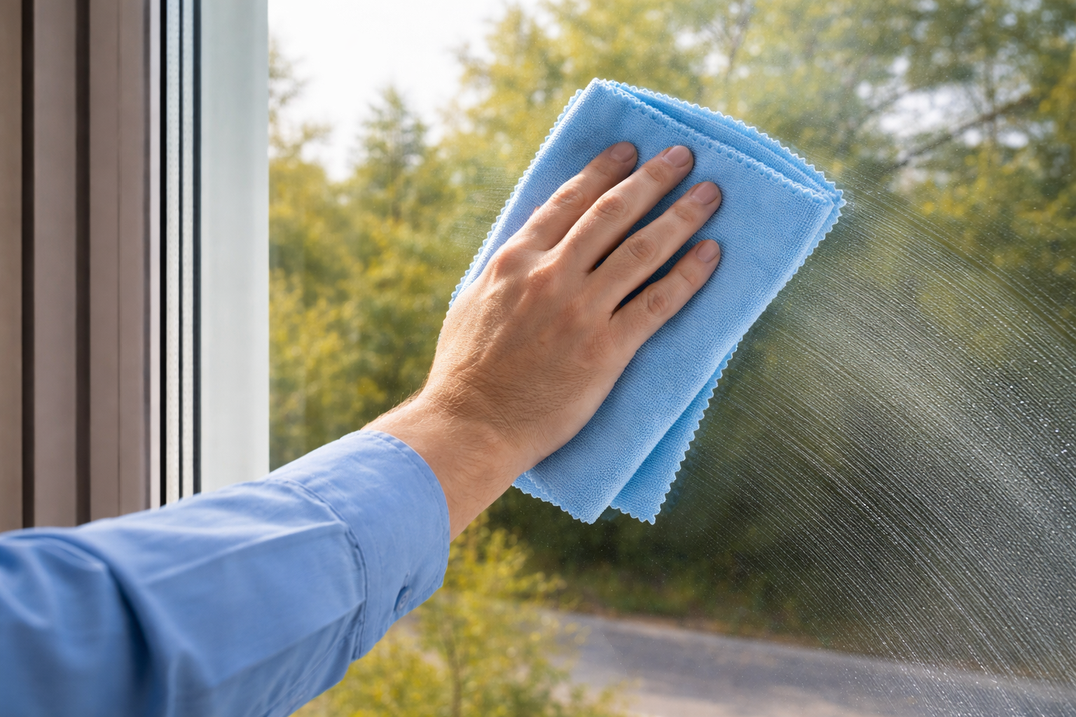 Fensterreinigung mit Fenstertuch in realer Anwendung